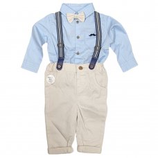 D06448: Baby Boys Bodysuit Shirt With Bow Tie & Chino Pant With Braces Outfit (3-24 Months)